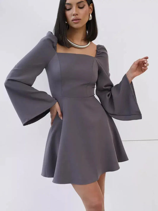 Graphite Bloom mini dress with flare sleeves and square neckline, perfect for weddings and formal occasions.