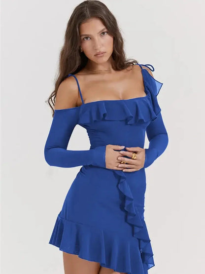 Model wearing a blue ruched mini dress with ruffle details, perfect for summer parties and various special occasions.