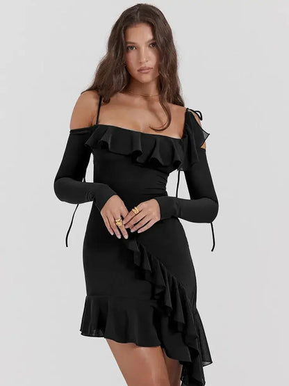 Elegant black mini dress with ruffles and off-shoulder design, perfect for cocktail parties and formal occasions.