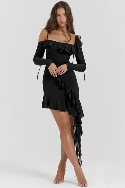 Black off-shoulder mini dress with ruffle detail, perfect for cocktail parties and evening events.