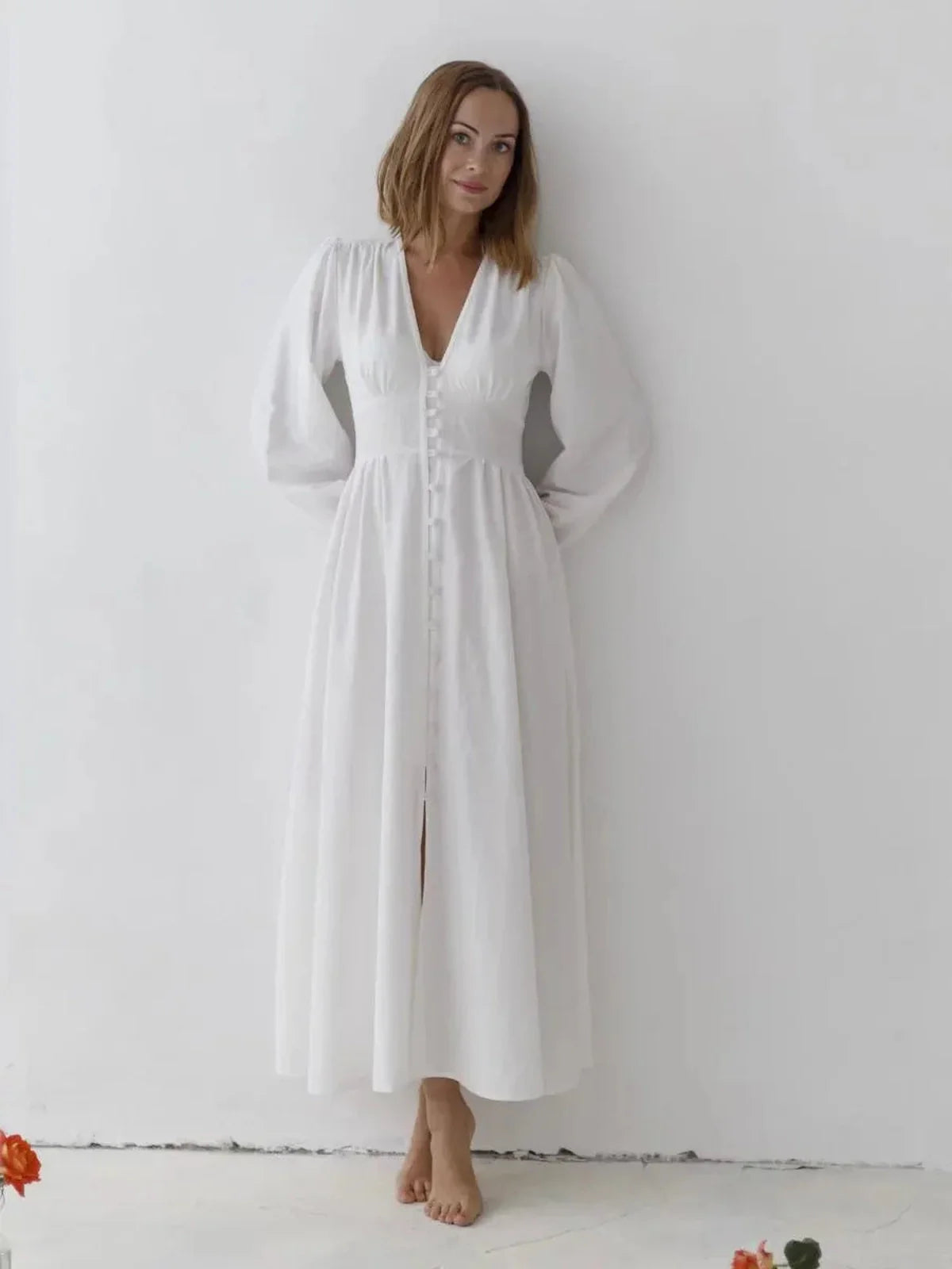 Elegant Heirloom Maxi Dress in white, featuring vintage-inspired button-down front and soft cotton fabric.