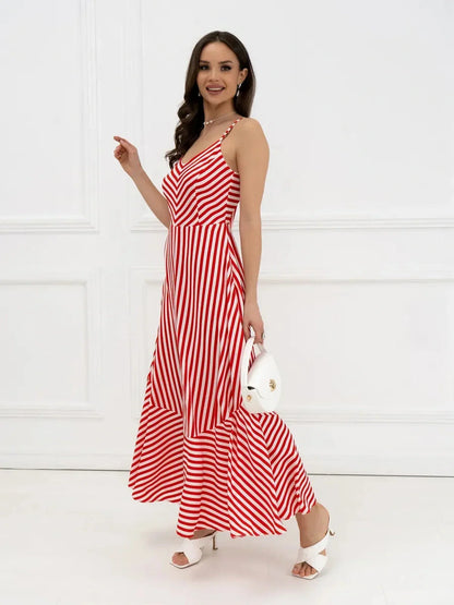 Maxi Dress Riviera Curve in red-and-white stripes, featuring a breezy silhouette and playful back bow tie.