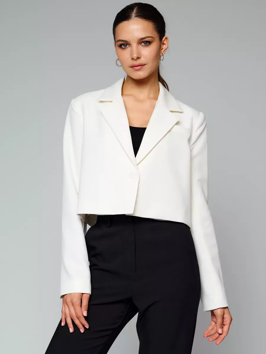 Luna Blazer by Lauven, cropped ivory women's jacket with an oversized fit and tailored cut.