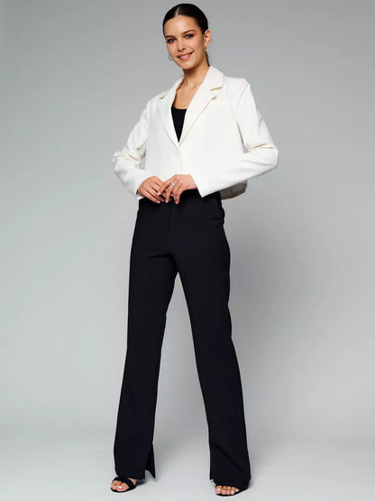 Luna Blazer by Lauven - Cropped ivory women's jacket with oversized fit, paired with sleek black trousers.