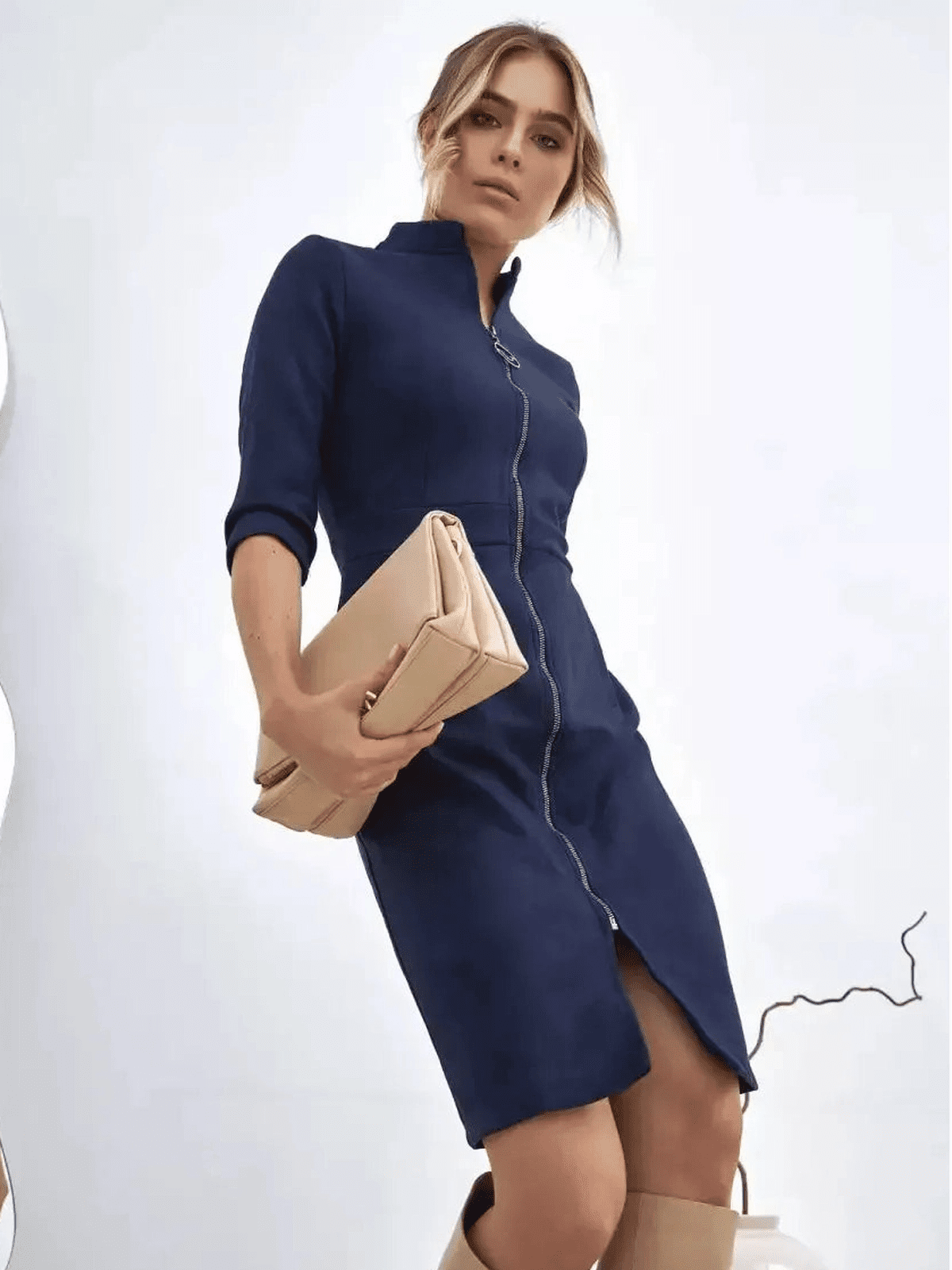 Orion Mini Dress by Lauven, showcasing tailored zip-front elegance with structured silhouette.