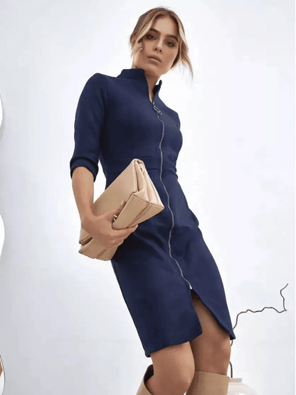 Orion Mini Dress by Lauven, showcasing tailored zip-front elegance with structured silhouette.