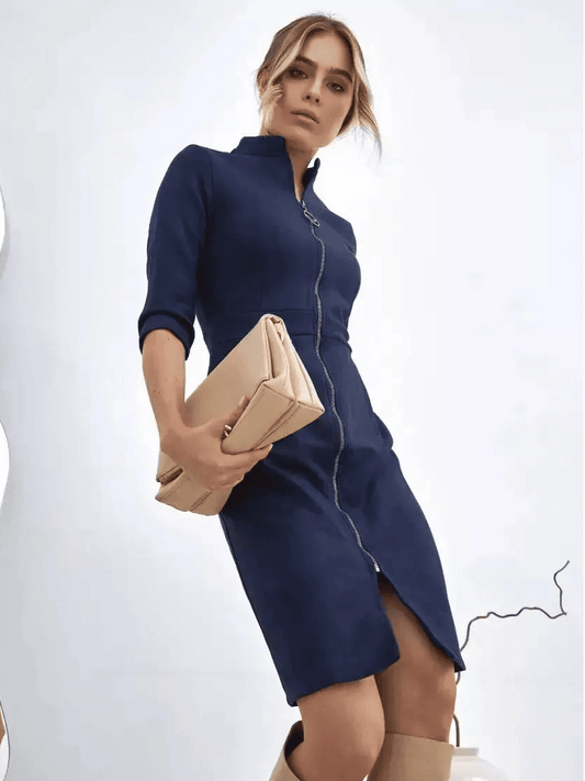 Orion Mini Dress by Lauven, showcasing tailored zip-front elegance with structured silhouette.