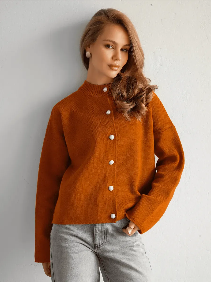Tangelo Cardigan by Lauven — Warm orange knitwear with button closure for versatile styling.