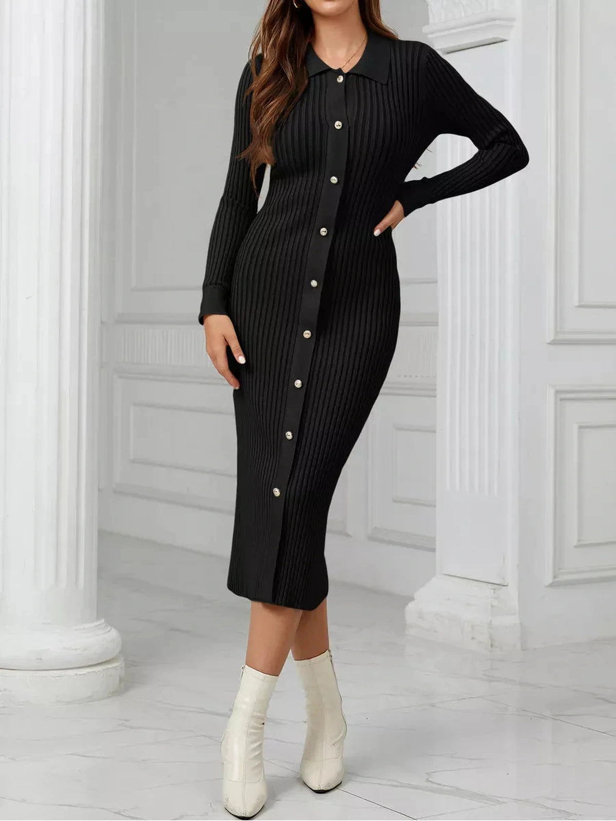 Noir Midi Dress by Lauven, sleek ribbed knit with button-down detail, accentuating a graceful silhouette.