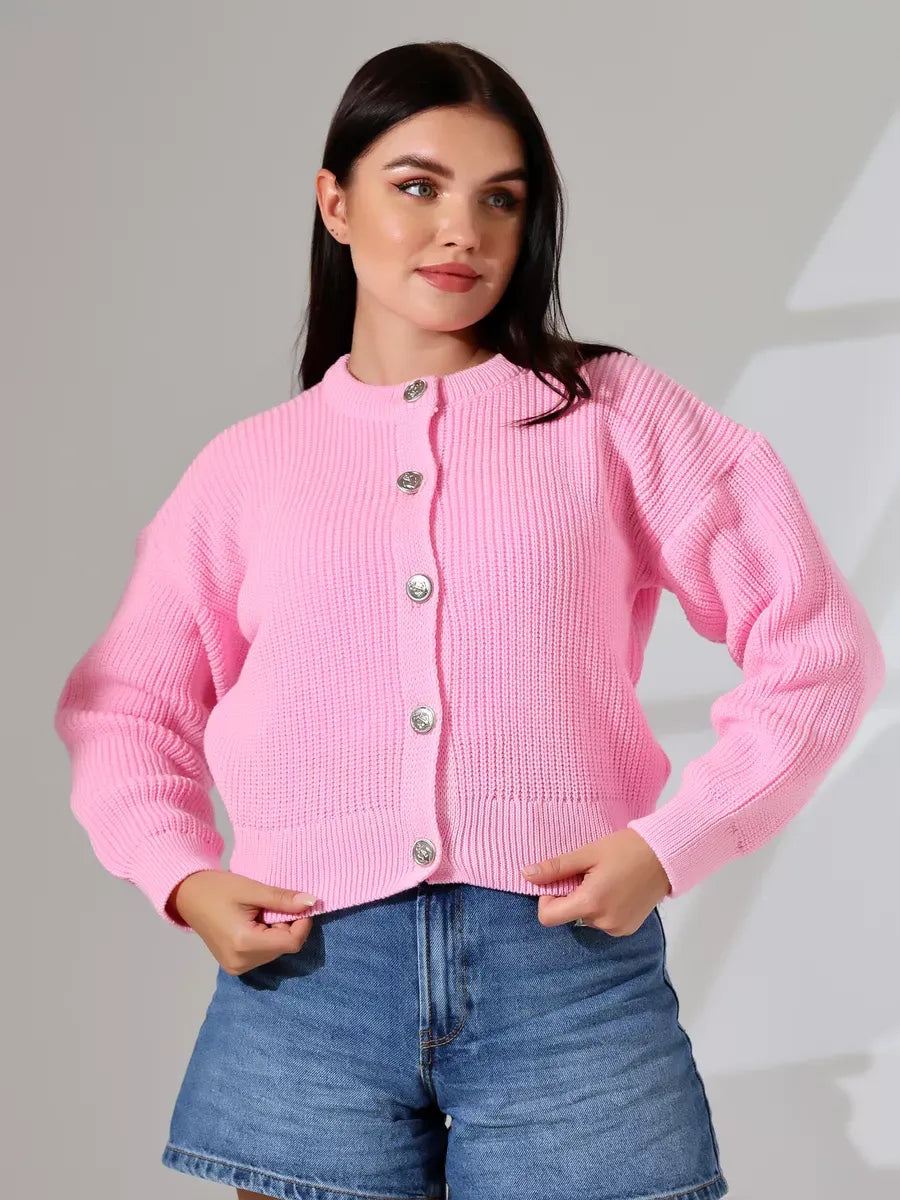 Flora Cardigan by Lauven, soft pink knitwear with button-front closure and relaxed fit, perfect for layering.