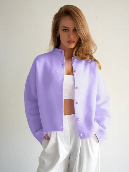 Lavina Cardigan by Lauven - Cropped lilac knit with pearl buttons, perfect for layering in warmer seasons.