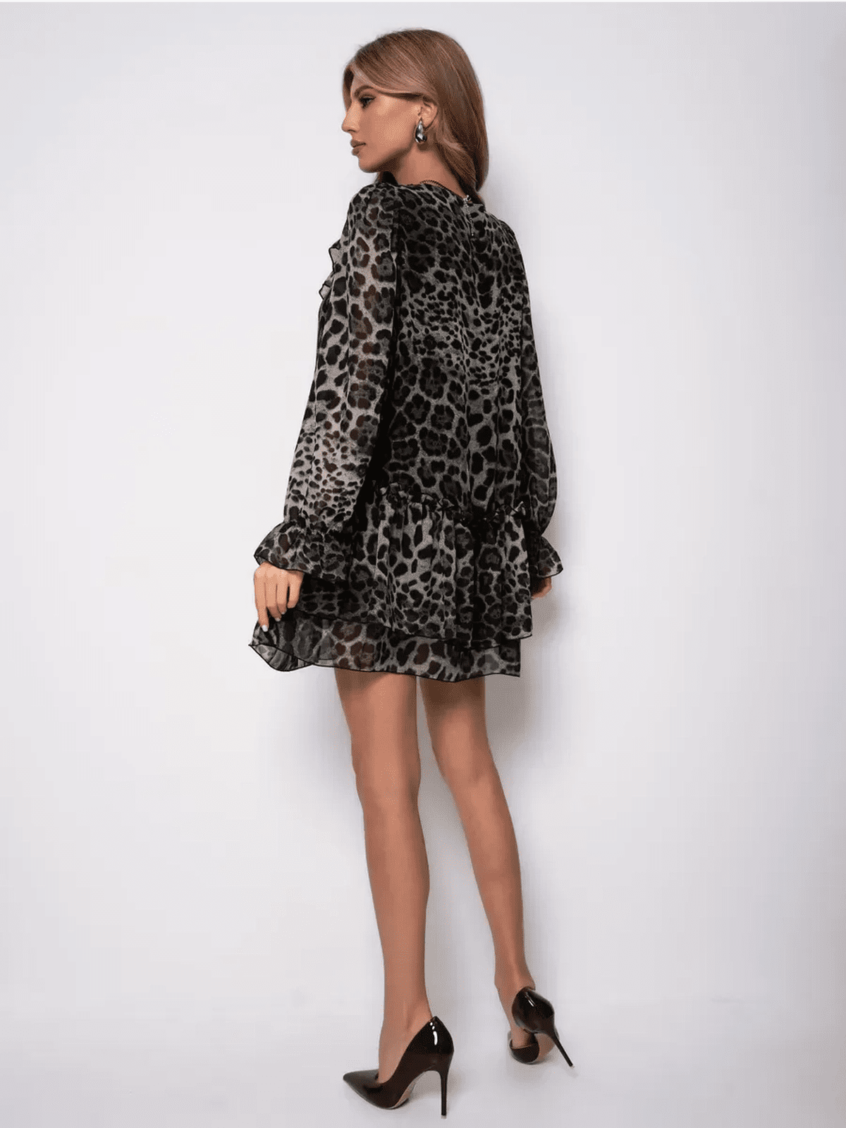 Lunara Mini Dress by Lauven, featuring a chic black leopard print chiffon design and elegant A-line silhouette.