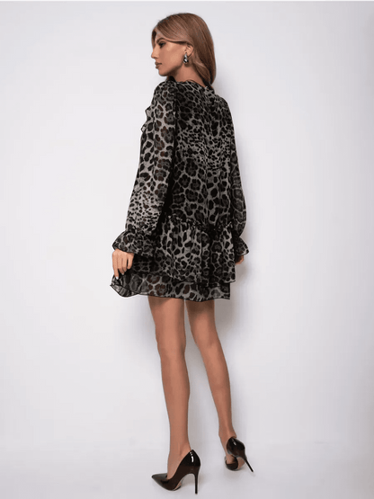 Lunara Mini Dress by Lauven, featuring a chic black leopard print chiffon design and elegant A-line silhouette.