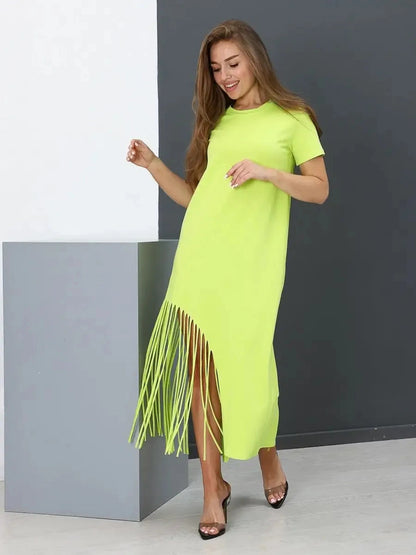 Luma Midi Dress by Lauven in lime cotton with fringe hem, perfect for modern casual style.