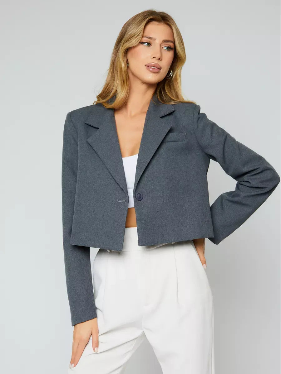 Athena Blazer by Lauven - Women’s grey cropped oversized jacket showcasing sophisticated design and modern appeal.