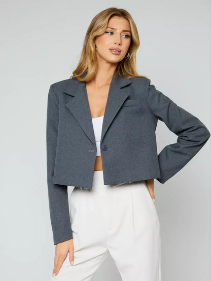 Athena Blazer by Lauven - Women’s grey cropped oversized jacket showcasing sophisticated design and modern appeal.