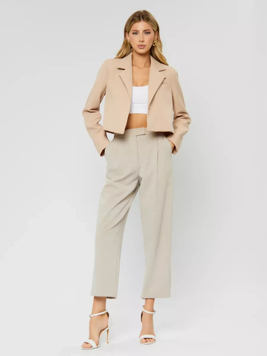 Sahara Blazer by Lauven - Women's beige cropped oversized jacket styled with high-waisted trousers.