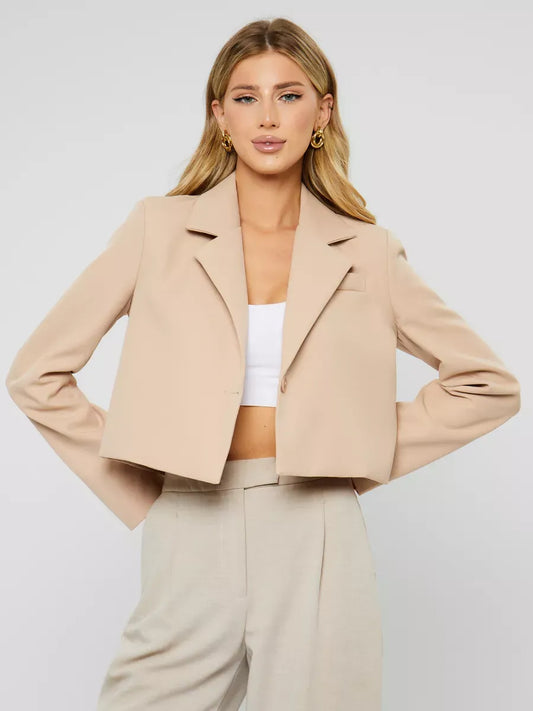 Sahara Blazer by Lauven, women’s beige cropped oversized jacket, modern tailoring, stylish comfort, perfect for any occasion.