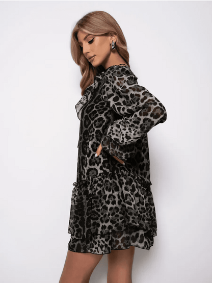 Lunara Mini Dress by Lauven in metallic gray leopard chiffon, showcasing elegant design and flattering A-line silhouette.