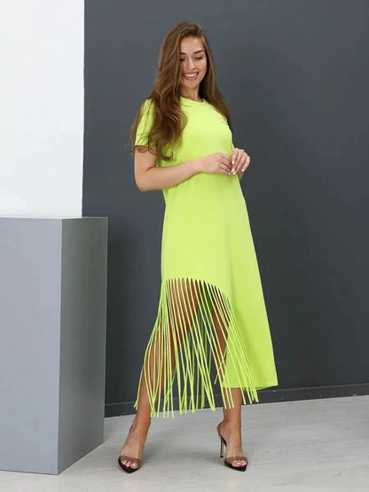 Luma Midi Dress by Lauven in vibrant lime with fringe hem and relaxed fit, perfect for stylish comfort.