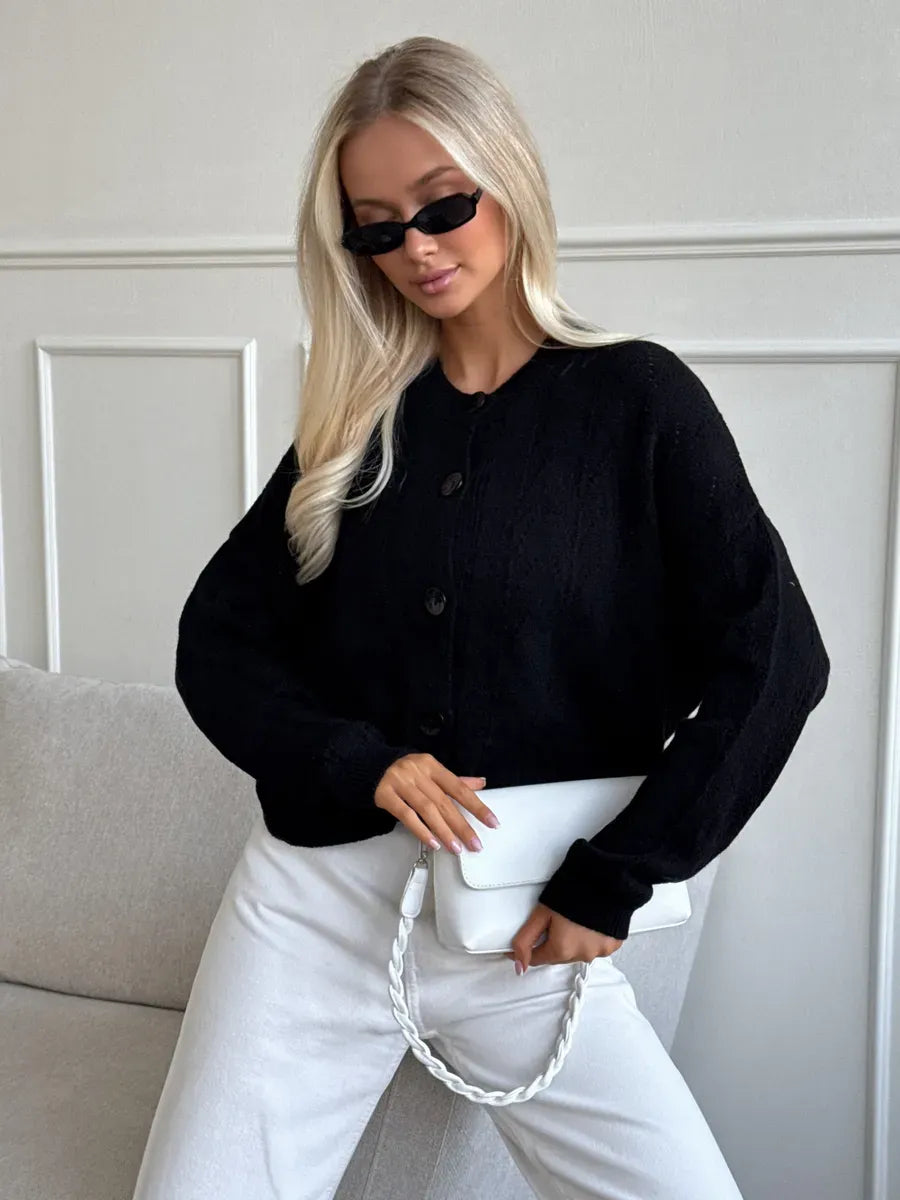 Onyx Cardigan by Lauven, stylish button-up knit, soft textured fabric, elegant relaxed fit.