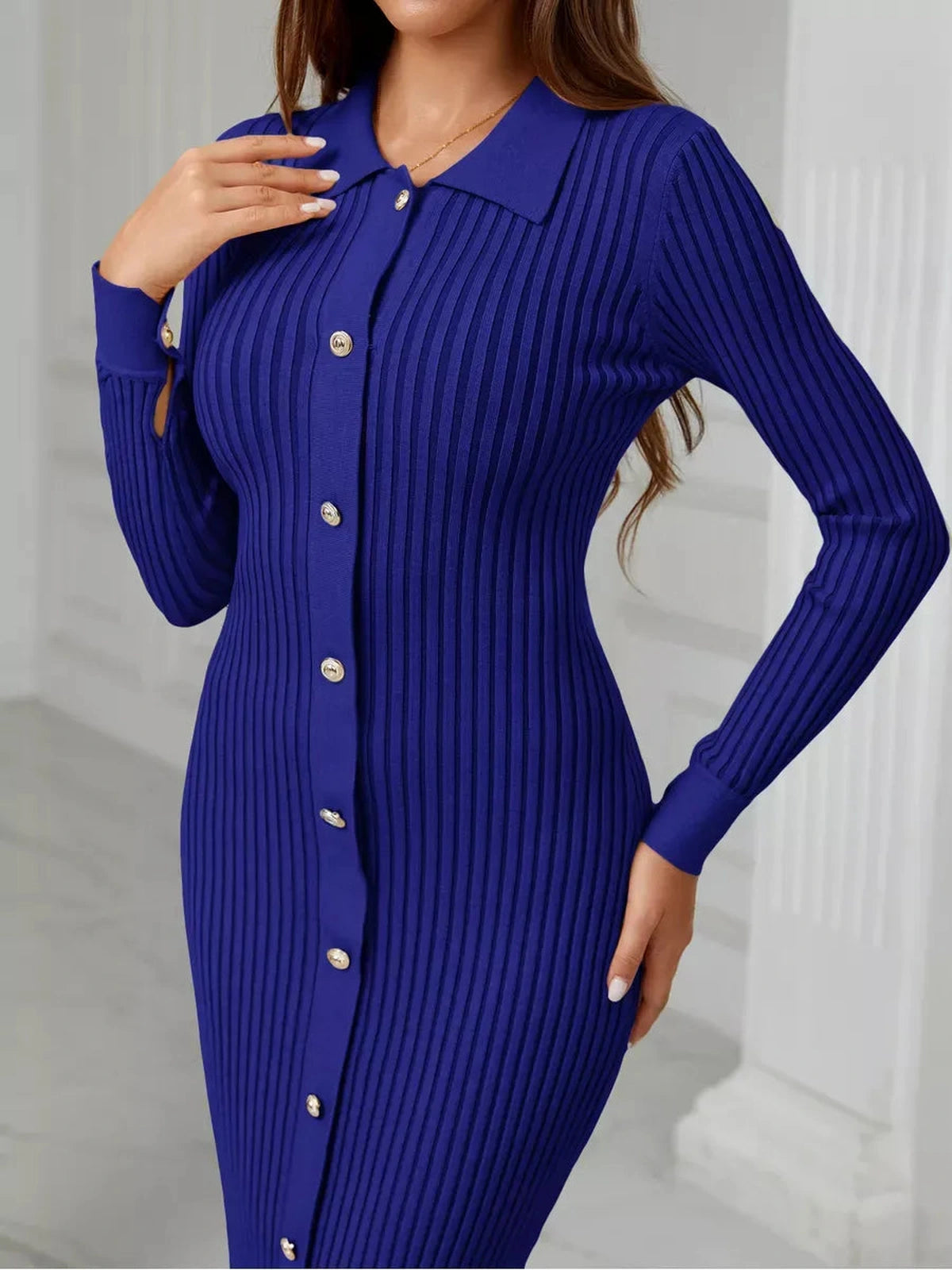 Celeste Midi Dress by Lauven, elegant ribbed knit design with button detail in rich blue.