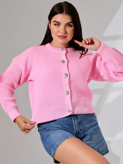 Flora Cardigan by Lauven - Soft pink knitted cardigan with button-front and relaxed fit, ideal for cozy elegance.