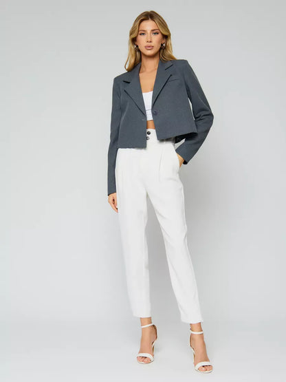 Athena Blazer by Lauven, women's grey cropped oversized jacket paired with white pants for a chic look.