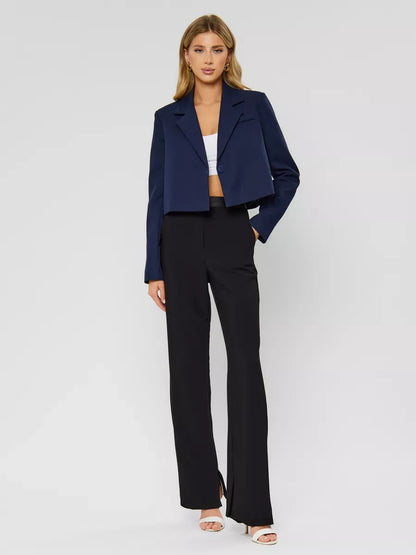 Marine Blazer by Lauven - Women's navy cropped oversized jacket pairing with stylish pants.