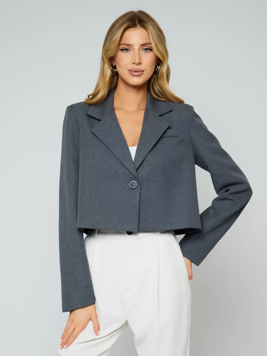 Athena Blazer by Lauven - Women’s Grey Cropped Oversized Jacket with classic tailoring and modern silhouette.