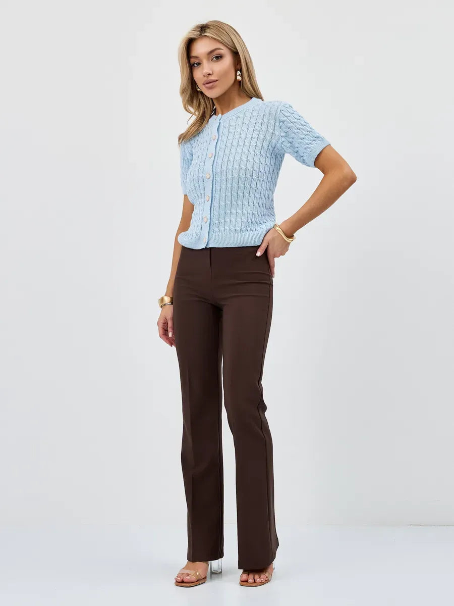 Celeste Cardigan by Lauven, breathable cotton-acrylic knitwear, stylish short-sleeve design in pastel blue