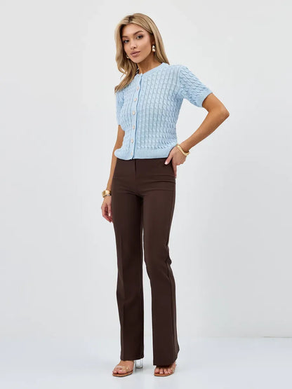 Celeste Cardigan by Lauven, breathable cotton-acrylic knitwear, stylish short-sleeve design in pastel blue