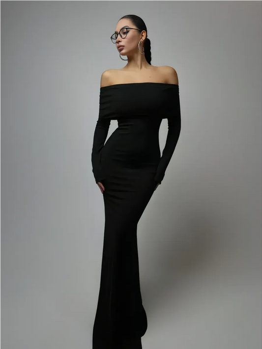 Noctara Maxi Dress by Lauven - Off-Shoulder Sculpting Silhouette in Deep Black