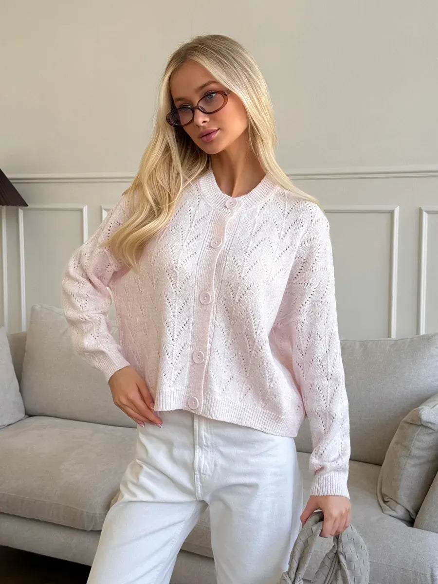 Blush Cardigan by Lauven - Soft pink knit cardigan with a cozy brushed texture and openwork lace pattern.