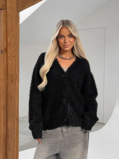 Nyx Cardigan by Lauven - Oversized Black Fluffy Knit with Button Closure for ultimate comfort and style.