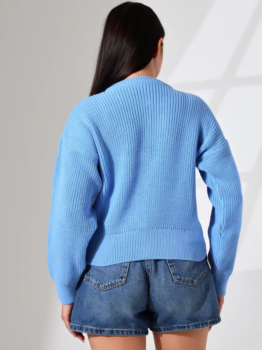 Skyler Cardigan by Lauven, cozy light blue knit sweater with a relaxed fit and classic round neckline.