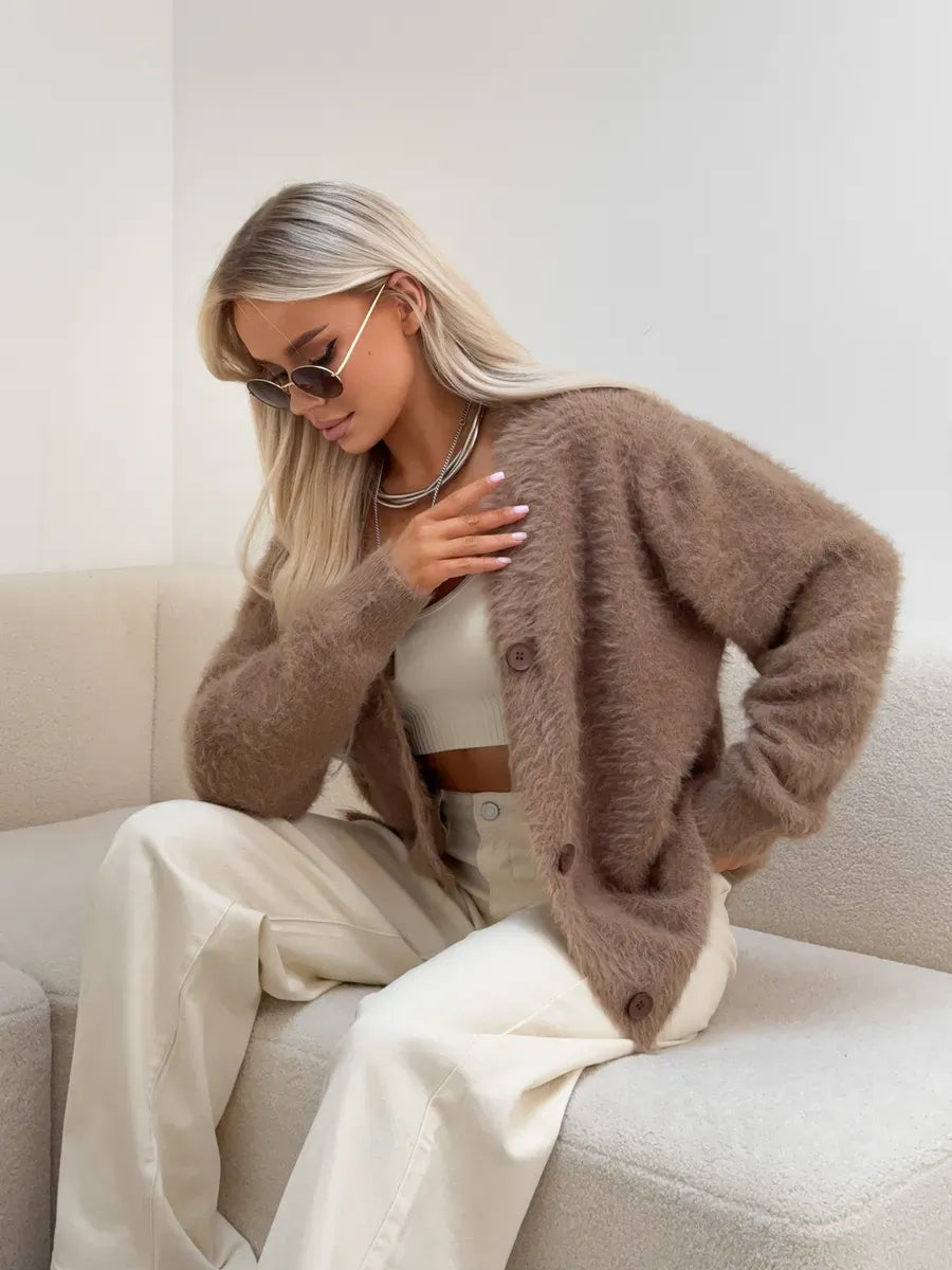 Marlo Cardigan by Lauven - Oversized brown fluffy knit cardigan with button closure, perfect for cozy style.