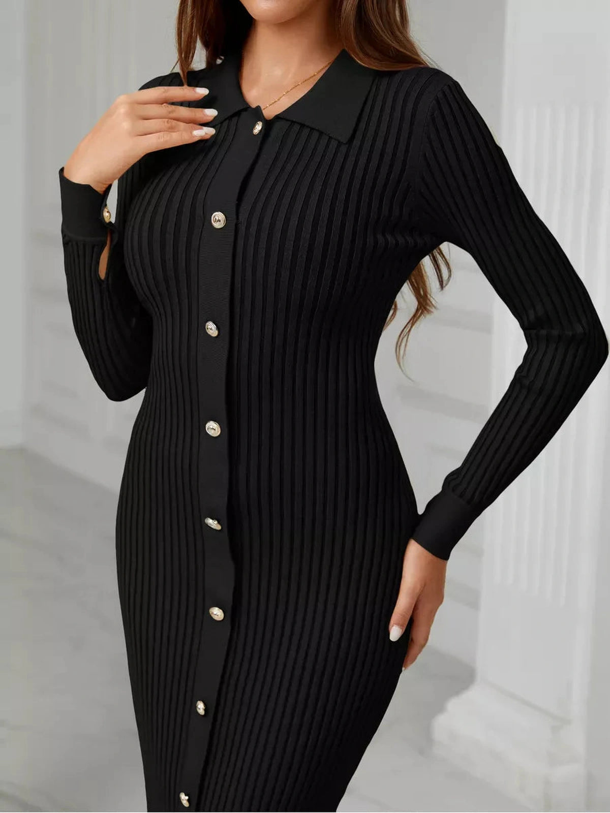 Noir Midi Dress by Lauven – Elegant ribbed knit with button-down detail and long sleeves.