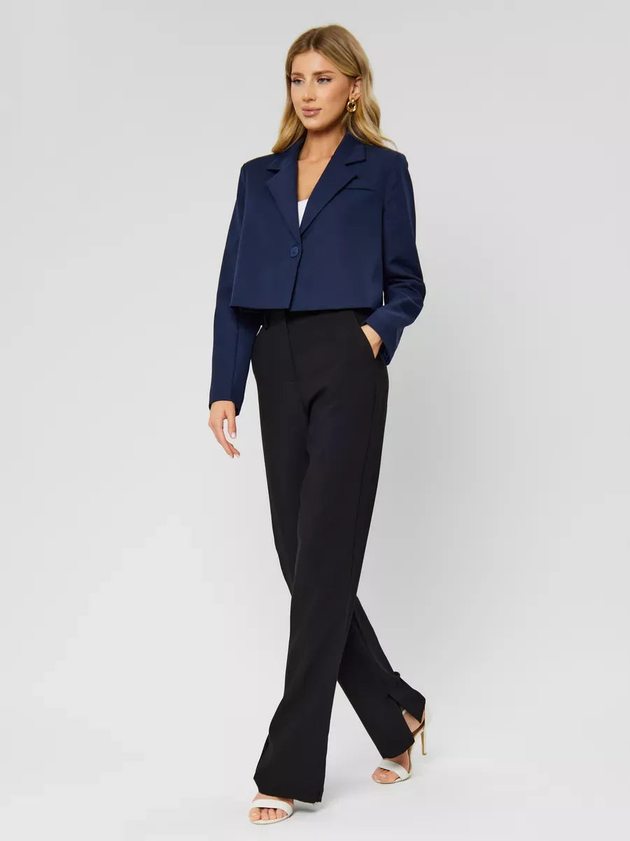 Marine Blazer by Lauven — Women’s cropped navy jacket paired with black trousers for a chic look.