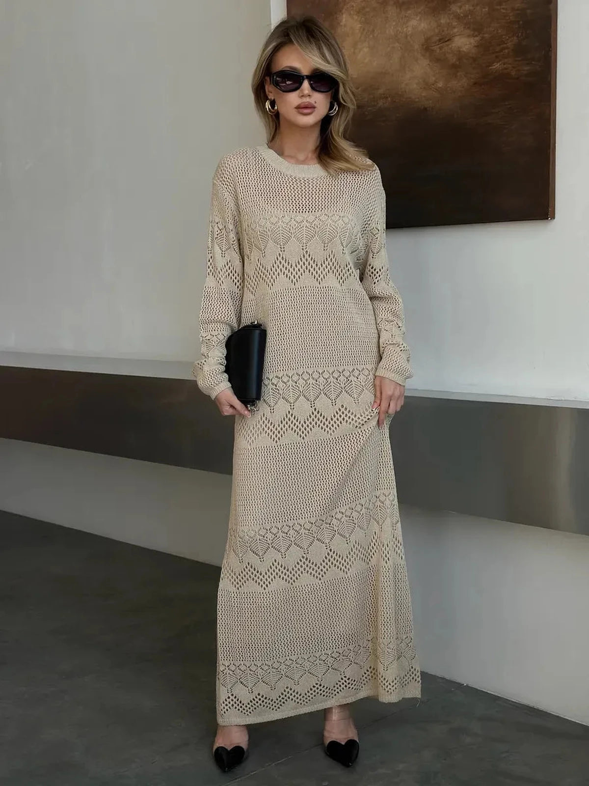 Verona Maxi Dress by Lauven, elegant beige crochet knit for summer sophistication and vintage charm.