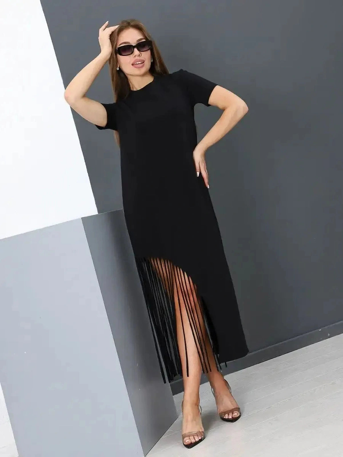 Noir Midi Dress by Lauven, black cotton dress with fringe hem, perfect for casual elegance and everyday wear.