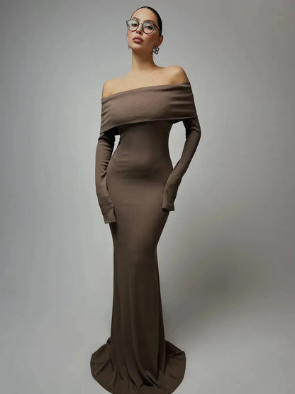 Solara Maxi Dress by Lauven - Off-Shoulder Ribbed Design in Rich Chocolate Color