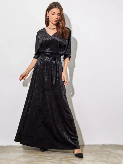 Aveline Maxi Dress by Lauven, elegant black velvet A-line evening gown with V-neck and three-quarter sleeves.