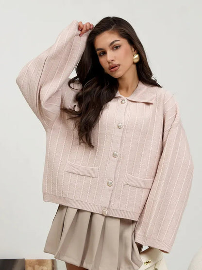 Serene Cardigan by Lauven - Elegant oversized powder pink knitwear with braided detail.