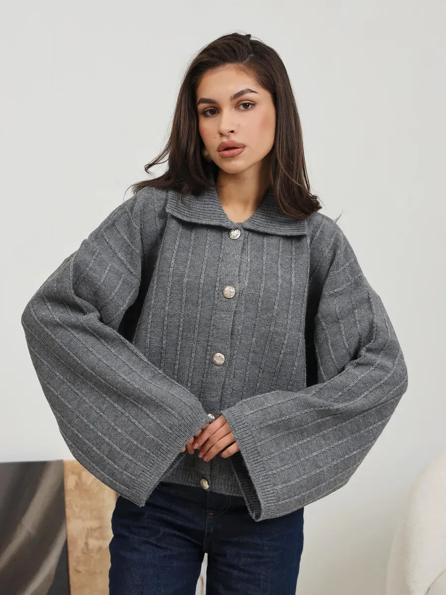Slate Cardigan by Lauven - Elegant dark gray oversized knitwear with braided detail and wide bell sleeves.