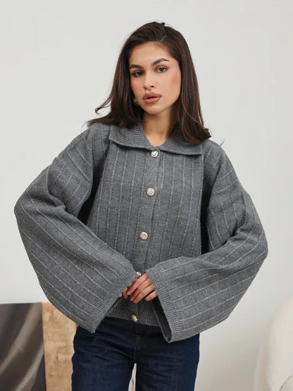 Slate Cardigan by Lauven - Elegant dark gray oversized knitwear with braided detail and wide bell sleeves.