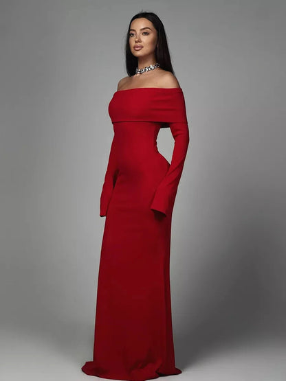 Valoria Maxi Dress by Lauven - Off-Shoulder Sculpted Silhouette in Bold Red