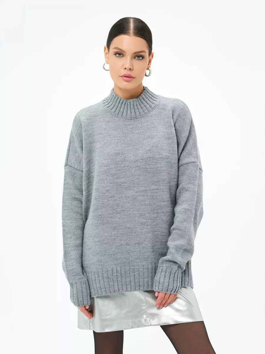 Luna Sweater by Lauven - Oversized long knit with ribbed turtleneck in dark gray, perfect for modern elegance and layering.
