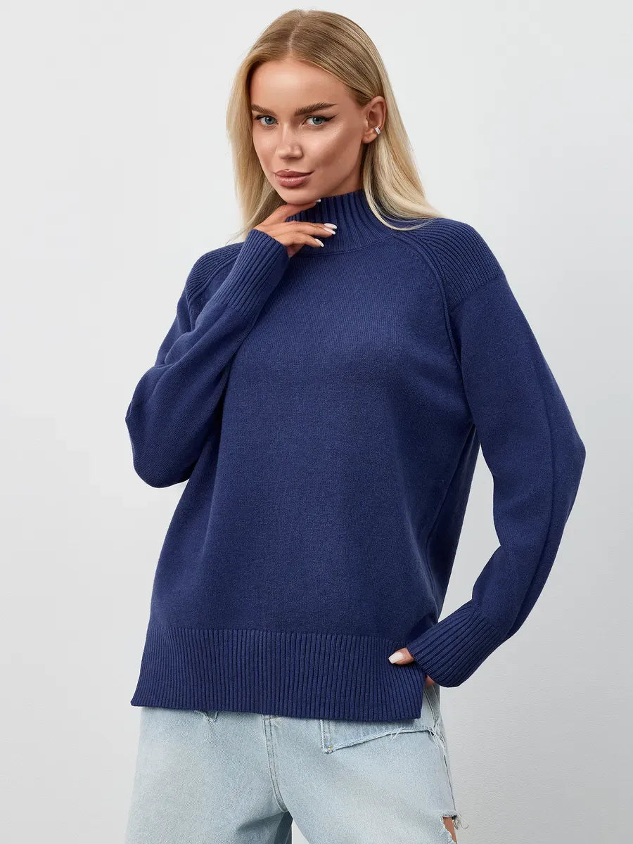 Indigo Sweater by Lauven - Oversized navy blue cashmere knitwear with high neck for warmth and style.