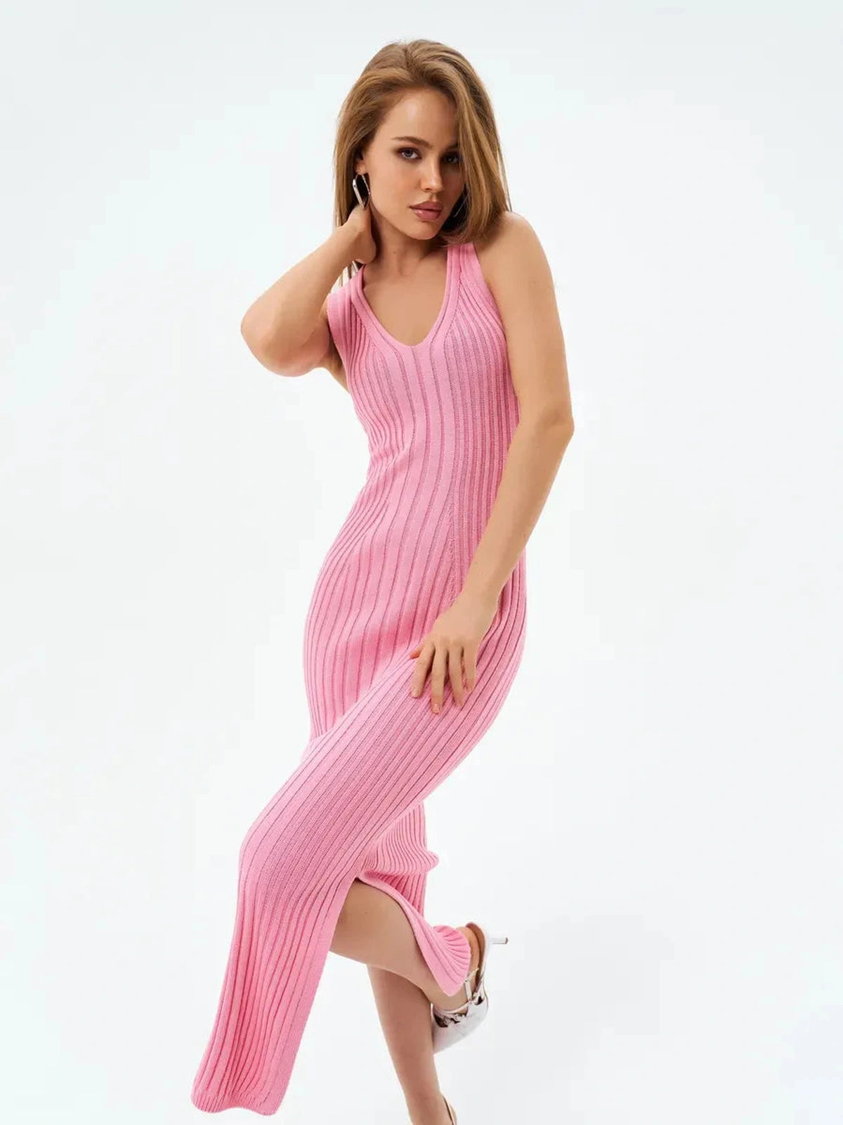 Rosalie Midi Dress by Lauven - Soft pink ribbed knit sleeveless dress with a V-neckline and side slit.